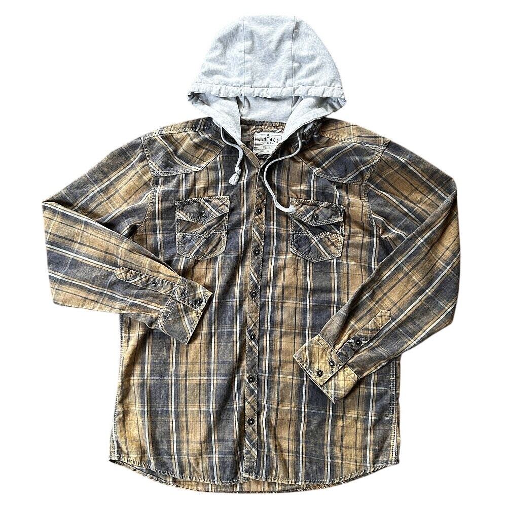 BKE Vintage Plaid Button Down Athletic Hoodie Shirt Men's XL
